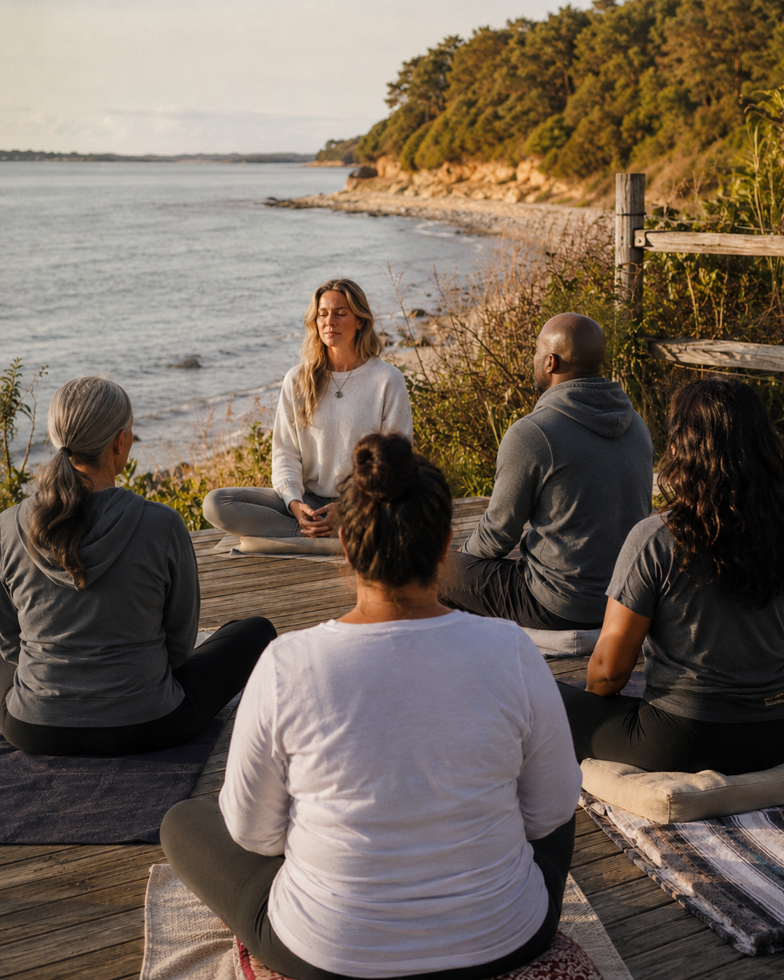 Small group meditating together on a shoreline deck