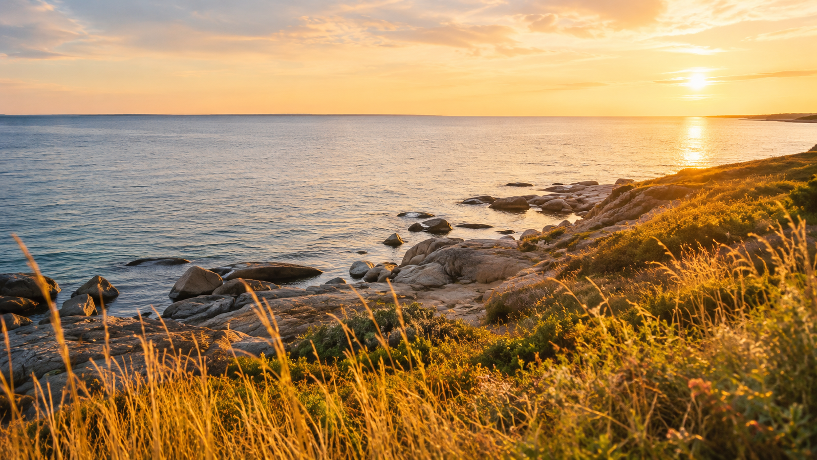 Rocky Long Island coastline at sunset with dune grass in the foreground