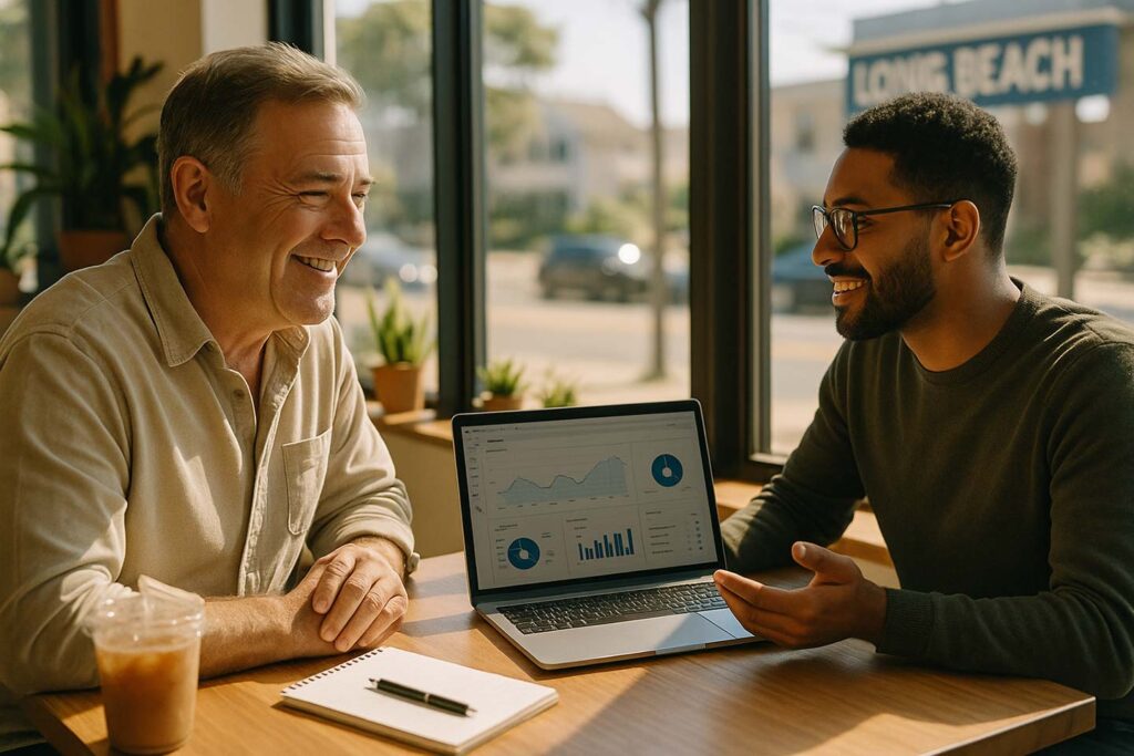 Long Island business owner sitting down with SEO specialist in a cafe.