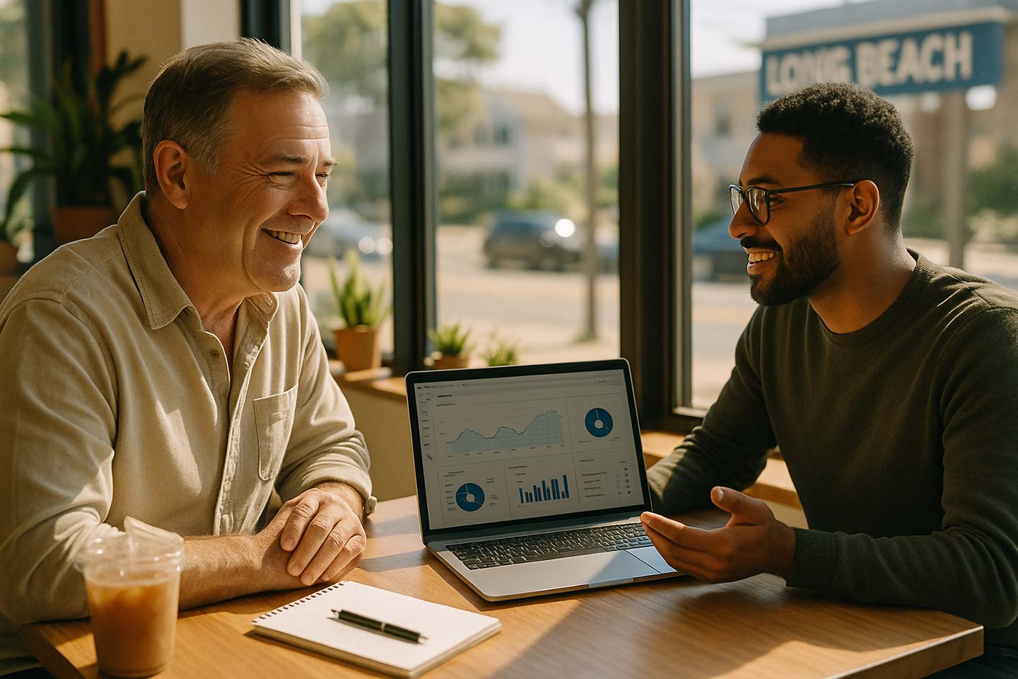Long Island business owner sitting down with SEO specialist in a cafe.